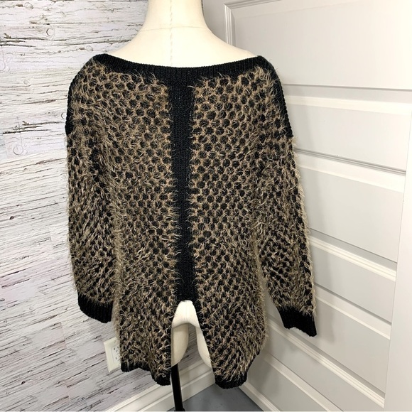 Marble Black Brown Knit Sweater Fuzzy Boat Neck Long Sleeves Slit Back Sz Medium - Picture 6 of 11